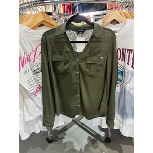 Vintage Y2K bebe Army Green Lace Back Button Down Blouse Size Medium
